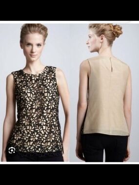 Lela Rose Black Floral Laser-Cut Overlay Camisole with Beige Lining